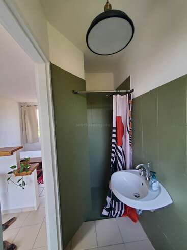 Esta imagem mostra um pequeno banheiro com azulejos verdes, uma pia redonda, uma cortina de chuveiro colorida e uma luz no teto. O banheiro dá para uma sala de estar bem iluminada.