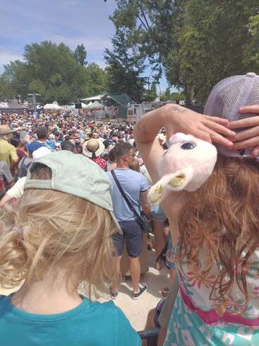 Eine große Menschenmenge versammelt sich im Freien auf einem Festival, mit zwei Kindern im Vordergrund, die Hüte tragen. Bands und Zelte sind zu sehen, Bäume umgeben die sonnige Veranstaltung.