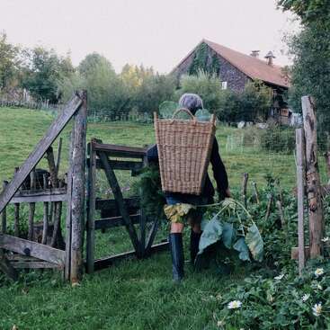 Une personne aux cheveux gris porte un grand panier en osier rempli de légumes verts à feuilles ; elle franchit un portail rustique en bois et se dirige vers une maison de campagne nichée dans la verdure.