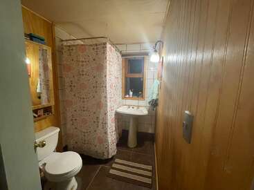 Este cuarto de baño tiene paredes con paneles de madera, un inodoro, un lavabo de pedestal, una ducha con una cortina estampada, una ventana pequeña, una luz montada en la pared, un armario con espejo y una alfombra a rayas.