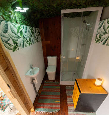 Cette salle de bain confortable comprend un petit lavabo, des toilettes, une douche en verre, des touches de bois, du papier peint à motifs végétaux, des plantes suspendues au plafond, des tapis colorés et un meuble compact avec une lampe.