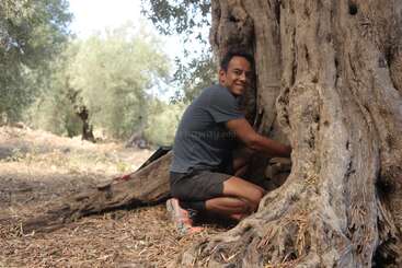 Ein Mann in einem grauen Hemd hockt neben einem großen, uralten Baumstamm in einem sonnenbeschienenen Wald und lächelt in die Kamera an einem hellen Tag.