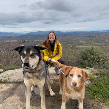 Una mujer de largo cabello castaño está arrodillada sobre un peñasco, rodeada de dos perros, con un vasto paisaje de árboles y montañas bajo un cielo nublado de fondo.