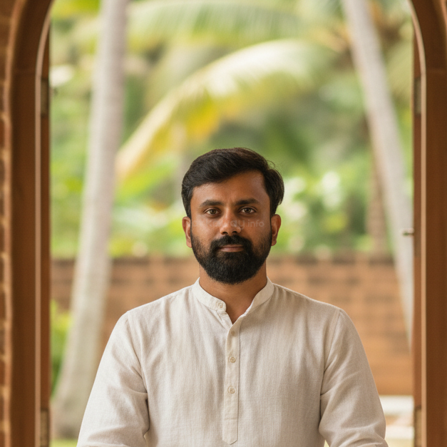 Ein bärtiger Mann in einer weißen Kurta steht in einem Haus, eingerahmt von einem Torbogen. Im Hintergrund sind üppige Grünflächen und Palmen zu sehen. Ruhiger Ausdruck.