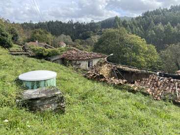 La imagen muestra viejas casas en ruinas con tejados derruidos enclavadas en una colina cubierta de hierba, rodeadas de un denso bosque verde bajo un cielo nublado, evocando un apacible abandono.