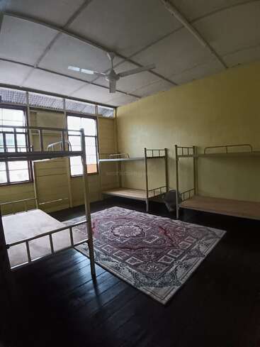 Una sencilla habitación compartida con cuatro literas de estructura metálica, una alfombra estampada, suelo de madera, paredes amarillas, ventanas grandes y un ventilador de techo blanco.