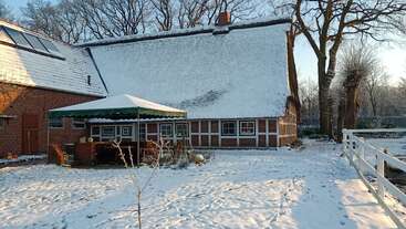 Una casa rústica con un empinado tejado cubierto de nieve se alza junto a un patio espolvoreado de nieve fresca. Las huellas y los árboles añaden encanto a la serena escena invernal.