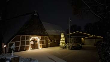 A picturesque house with a thatched roof is adorned with glowing Christmas lights. Nearby, a decorated tree and snowy yard create a cozy, festive winter scene.