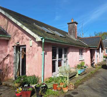 This is a charming pink house with a sloping roof, skylights, chimney, outdoor bench, and various potted plants arranged along the sunny pathway. Blue sky.