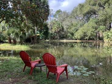 Two red Adirondack chairs and a small table face a peaceful pond surrounded by lush greenery, palm trees, and an orange tree, creating a tranquil scene.