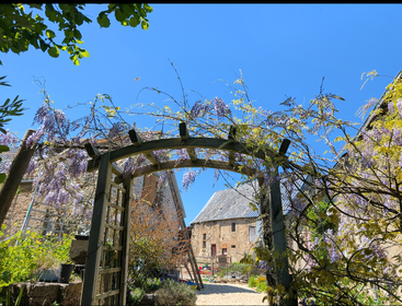 Ein bezaubernder, mit blühenden Kletterpflanzen bewachsener Gartenbogen umrahmt rustikale Steinhäuser unter einem strahlend blauen Himmel und schafft an einem sonnigen Tag eine friedliche, malerische Landschaftsszene.