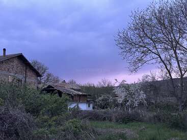 An old rural house with a weathered roof sits among overgrown greenery and blossoming trees under a dramatic, purplish-blue sky during twilight. Peaceful countryside scene.