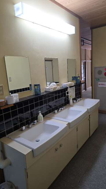 This image shows a shared bathroom sink area with three mirrors, three sinks, a soap dispenser, tissues, and a bright overhead light in a clean setting.
