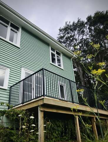 Esta imagem mostra uma casa verde-clara com janelas com guarnições brancas, um deck de madeira elevado com corrimão preto, cercada por vegetação selvagem e árvores altas. O céu está nublado.