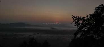 A tranquil sunrise over misty hills, with a glowing sun emerging through a soft, hazy sky. Silhouetted tree branches frame the peaceful landscape below.