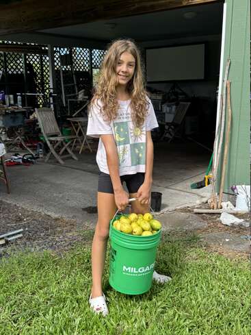 Una joven de pelo largo y ondulado está de pie sobre la hierba, sonriente, sosteniendo un cubo verde lleno de frutas amarillas delante de una zona rústica al aire libre.