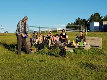 Eine sechsköpfige Familie, darunter zwei Erwachsene und vier Kinder, genießt an einem sonnigen Tag ein Picknick auf einer Holzbank auf einer Wiese.