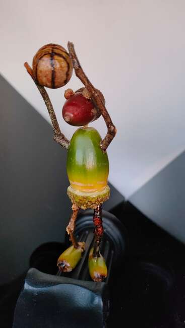 Eine kleine Skulptur aus Eicheln, Zweigen und Samen sieht aus wie ein Basketballspieler, der eine als Basketball dekorierte Nuss in der Hand hält. Kreativ und verspielt.