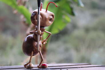 A wooden ant sculpture stands on a wooden surface, holding a pen upright. The background is blurred greenery, creating a natural, outdoor atmosphere with vibrant colors.