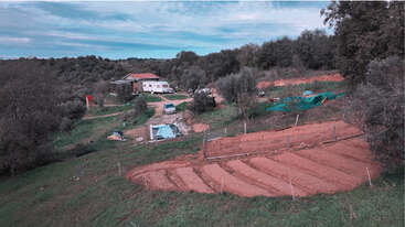 Das Bild zeigt eine ländliche Landschaft mit einem Haus, einer unbefestigten Straße und einem Garten vor einem Hintergrund aus Bäumen und einem blauen Himmel mit Wolken.