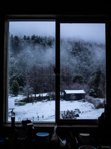 A window frames a snowy landscape with trees, a small cabin, and distant misty forest. Inside, kitchen items are silhouetted against the peaceful, wintry scene outside.