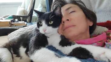 Uma mulher de olhos fechados está deitada, abraçada a um gato preto e branco. Ambos parecem relaxados, curtindo um momento tranquilo e carinhoso juntos.