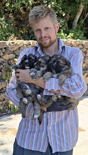 Un hombre sonriente con camisa de rayas sostiene en brazos a cuatro adorables cachorros esponjosos, de pie al aire libre en un día soleado, con una frondosa vegetación detrás.