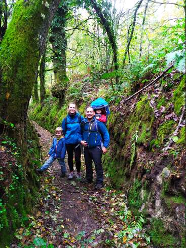 Una familia de cuatro miembros disfruta de una excursión por un sendero boscoso, frondoso y cubierto de musgo. Las chaquetas de colores vivos, las mochilas y la vegetación crean un ambiente animado y aventurero en plena naturaleza.