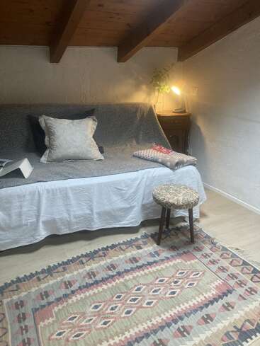 Ein gemütliches Dachzimmer mit Holzdecke, grauem Sofa, Deko-Kissen, kleinem Blumenhocker, gemustertem Teppich, Lampe, Beistelltisch und einer kleinen Pflanze.