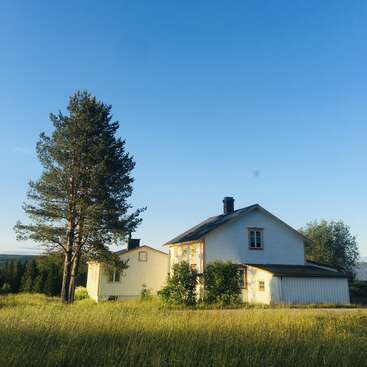 Una tranquila escena rural en la que aparece una casa blanca junto a un árbol alto, rodeada de hierba verde, bajo un cielo azul despejado a la cálida luz del sol.