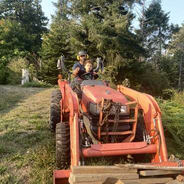 A man and a young boy sit on an orange tractor in a grassy, wooded area. They look ahead, enjoying a peaceful day together outdoors.