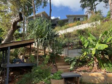 Ein modernes Haus steht auf einem steilen, terrassierten Gartenhügel. Üppiges grünes Laub, Wege, Holzkonstruktionen und ein strahlender Himmel schaffen eine friedliche, natürliche Umgebung.