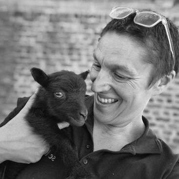 A smiling person wearing glasses on their head lovingly holds a small, dark-colored baby goat. The black and white image captures a joyful, tender moment.