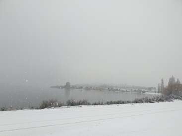 Un paysage enneigé présente un lac calme, un rivage lointain et des arbres saupoudrés de neige. Les chutes de neige créent une atmosphère hivernale paisible et tranquille, avec des couleurs douces et sourdes.
