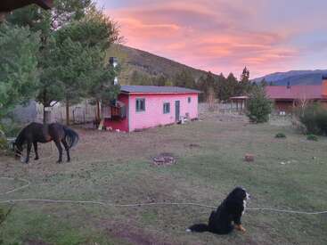 Une scène de campagne paisible au coucher du soleil avec une maison rose, un cheval au pâturage, un chien assis, des arbres luxuriants et des montagnes sous un ciel coloré et vibrant.