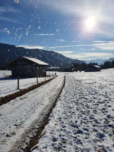 Das Bild zeigt eine ruhige Schneelandschaft mit einer schneebedeckten Straße, einem kleinen Holzhaus und einer Bergkette im Hintergrund an einem sonnigen Tag.