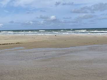Large plage de sable avec des mares d'eau peu profondes, de douces vagues s'écrasant, un ciel bleu nuageux au-dessus. Quelques oiseaux sont éparpillés près du rivage, créant une scène paisible.