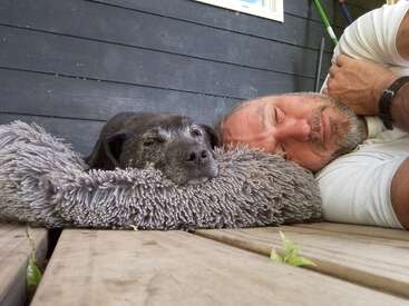 Ein Mann und sein alter schwarzer Hund machen zusammen ein Nickerchen auf einem Holzboden, ihre Gesichter ganz nah beieinander, und strahlen auf dem weichen Bett einfach nur Gemütlichkeit und Verbundenheit aus.