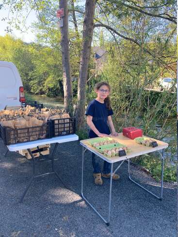 Ein junges Mädchen mit Brille steht an einem sonnigen Tag an einem Marktstand im Freien und verkauft Eier und verpackte Waren, umgeben von Grün und Bäumen.