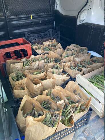 Im Inneren eines Lieferwagens sind mehrere Kisten und Papiertüten mit frischem Spargel gefüllt, der für die Auslieferung oder den Vertrieb ordentlich verpackt ist. In einer roten Kiste sind Flaschen zu sehen.