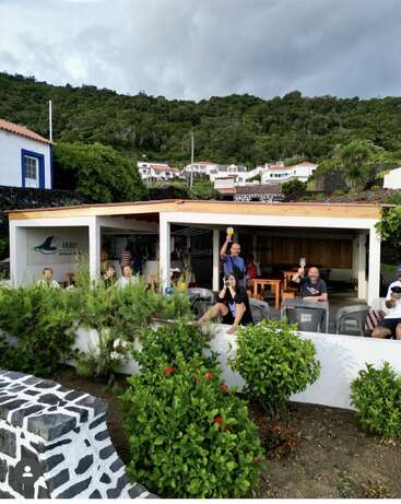 Un groupe de personnes se détend dans un café en plein air entouré d'une végétation luxuriante, en dégustant des boissons. Derrière eux, une colline avec des maisons et une forêt dense se profile.