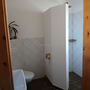 This image shows a small modern bathroom with white tiles, a toilet, a plant on a shelf, and an open shower area separated by a partial wall.