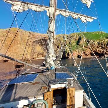The image depicts a sailboat with a large mast and a small sail, floating on calm waters, surrounded by a clear sky, with a few trees visible in the background.