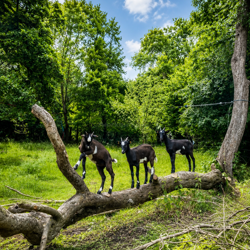 Trois chèvres noires et blanches se balancent joyeusement sur un gros tronc d'arbre tombé. Elles sont entourées d'une herbe verte et luxuriante et d'arbres feuillus et touffus, sous un ciel bleu.