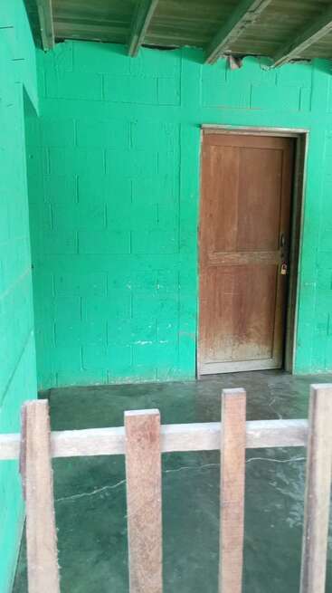 The image shows a green-painted wall with a wooden door, concrete floor, and a partial wooden fence in the foreground under an unfinished wooden roof.
