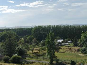 Un paysage rural paisible avec des champs verts, des arbres épars, des clôtures en bois et des bâtiments agricoles. Une forêt dense forme l'arrière-plan sous un ciel partiellement nuageux.