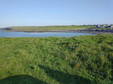 A calm coastal landscape with lush green grass in the foreground, a rocky shoreline, gentle blue water, scattered houses, and clear, sunny sky above.