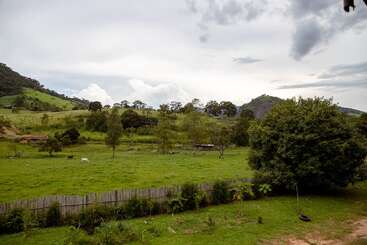 Un paysage rural paisible avec des champs verdoyants, des arbres épars, des vaches qui broutent, une clôture en bois, des collines lointaines, un ciel nuageux et une ferme nichée dans la nature.