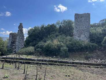 Antiguas ruinas de piedra se yerguen en medio de una vegetación verde. Cielo azul con nubes dispersas. La escena parece histórica y abandonada, rodeada de una pacífica belleza natural.