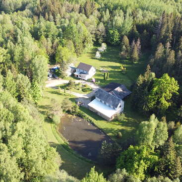 Das Bild zeigt eine ruhige, ländliche Landschaft mit einem großen Haus, einer Garage und einem Teich, umgeben von üppigen Bäumen und Grünflächen, mit einer gewundenen Zufahrt zum Grundstück.